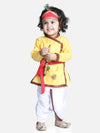 BownBee Full Sleeves Krishna Morpank Embroidery Detailing Kurta With Dhoti & Bansuri Mukut With Belt - Yellow