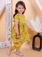 BownBee Girls Pure Cotton Floral Printed Top with Dhoti for Girls- Yellow