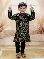 (BownBee Pure Chanderi Full Sleeve Sherwani with Pajama for Boys - Black