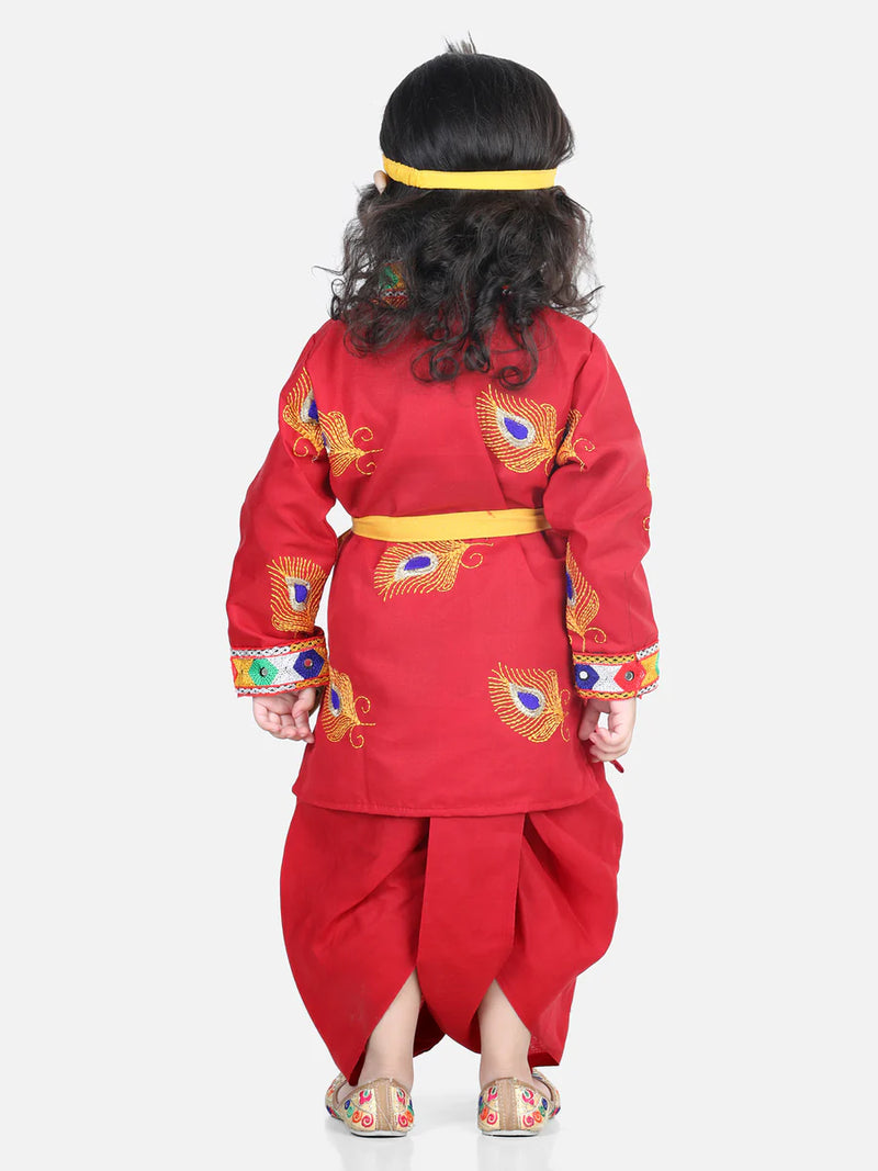 BownBee Embroidered Kanhaiya Dhoti Kurta with Mukut Bansuri Belt for Boys- Red