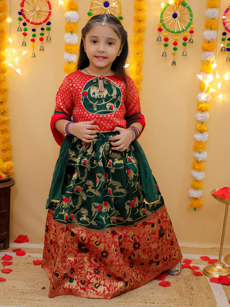 BownBee Jacquard Lehenga with Patch Choli and Dupatta Set for Girls- Red