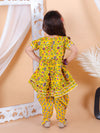 BownBee Girls Pure Cotton Floral Printed Top with Dhoti for Girls- Yellow