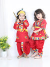 BownBee Embroidered Kanhaiya Dhoti Kurta with Mukut Bansuri Belt for Boys- Red
