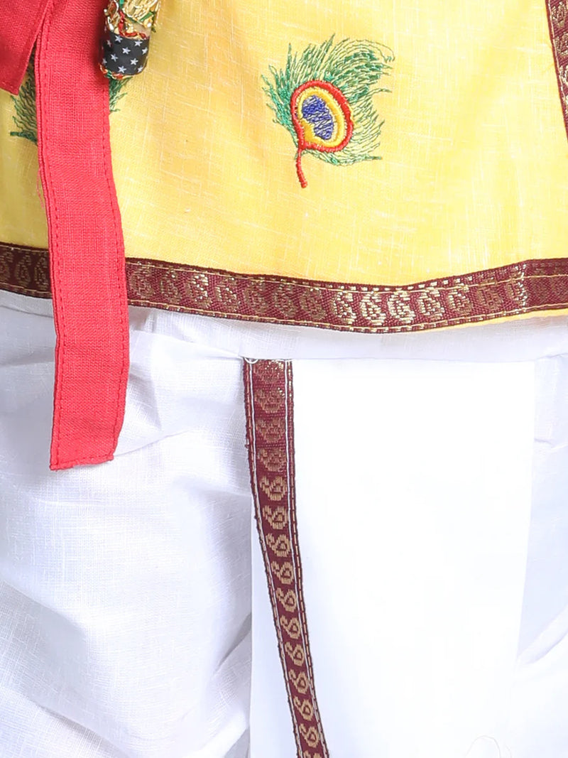 BownBee Full Sleeves Krishna Morpank Embroidery Detailing Kurta With Dhoti & Bansuri Mukut With Belt - Yellow