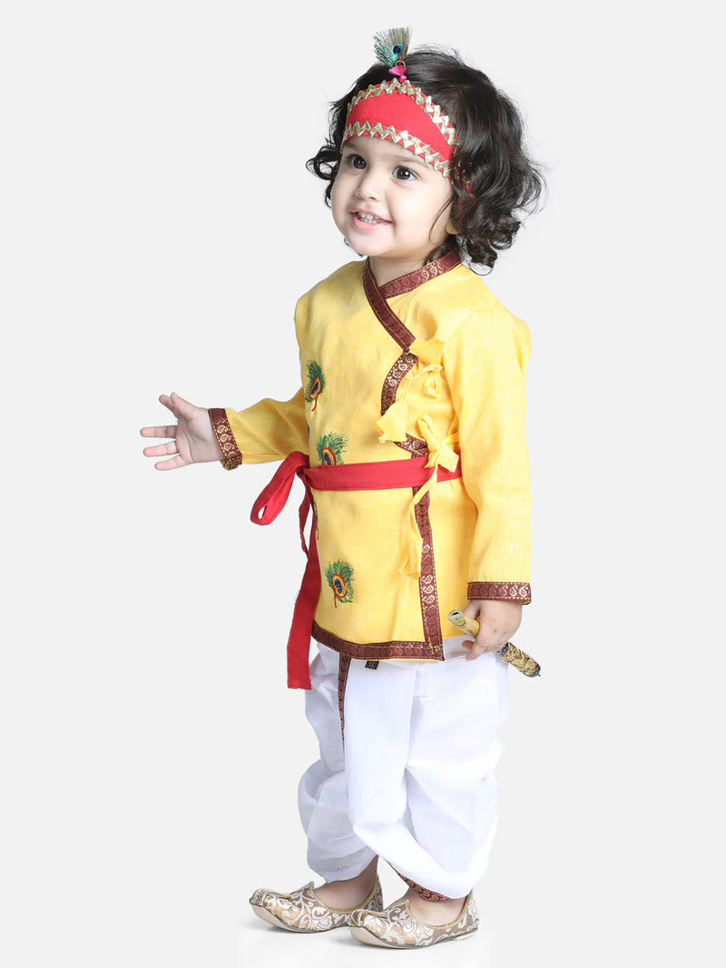 BownBee Full Sleeves Peacock Embroidered Kurta With Dhoti & Basuri With Mukut & Band - Yellow