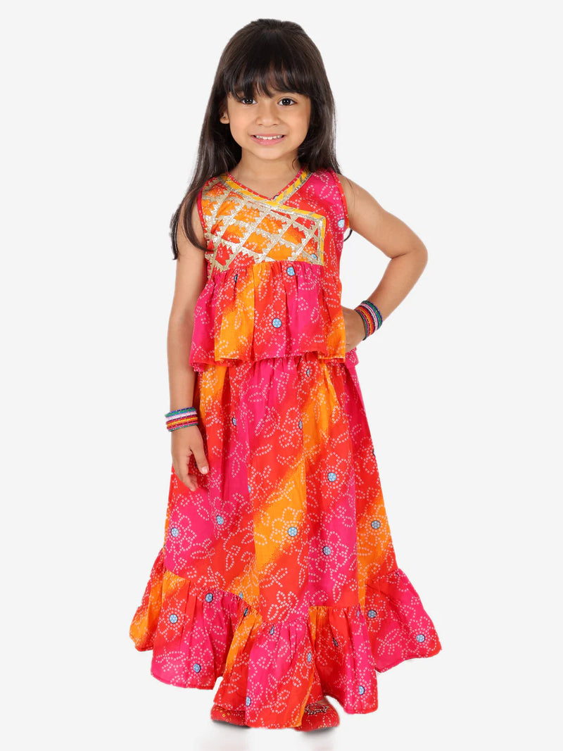 BownBee Pure Cotton Ethnic Bandhani Print Sleeveless Frill Lehenga Choli for Girls- Red