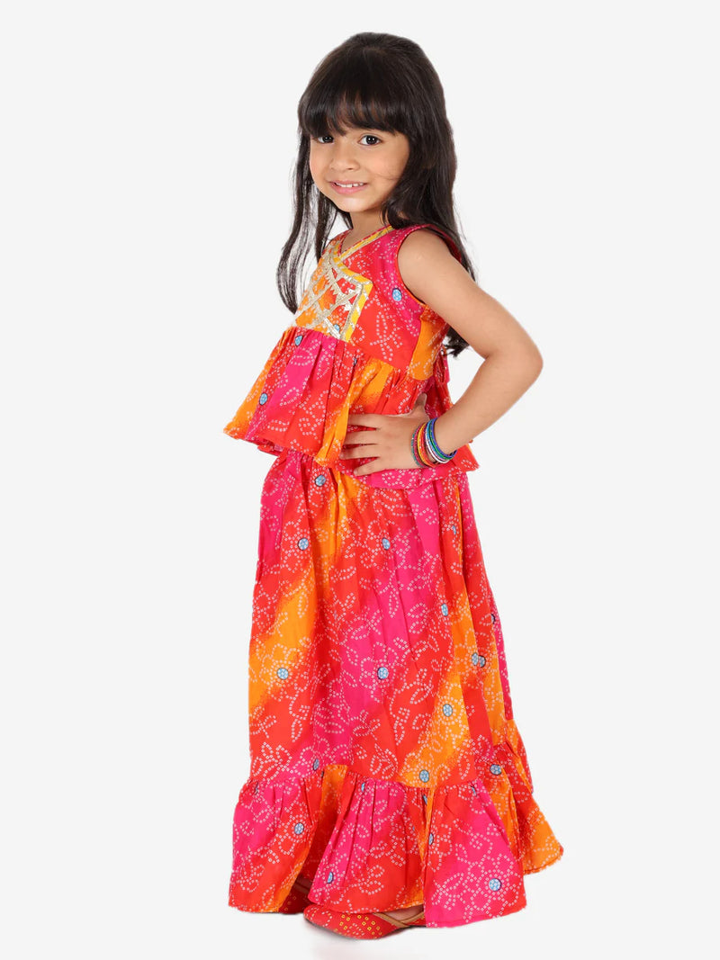 BownBee Pure Cotton Ethnic Bandhani Print Sleeveless Frill Lehenga Choli for Girls- Red
