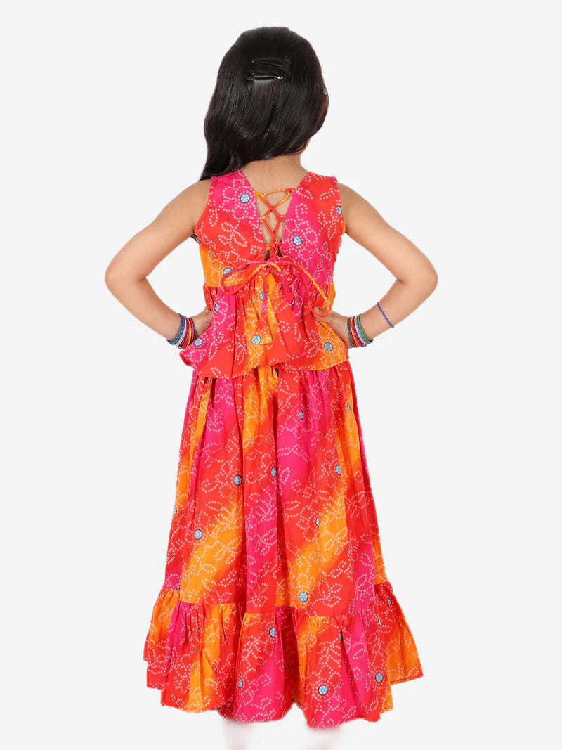 BownBee Pure Cotton Ethnic Bandhani Print Sleeveless Frill Lehenga Choli for Girls- Red