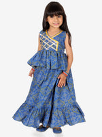 BownBee Pure Cotton Ethnic Bandhani Print Sleeveless Frill Lehenga Choli for Girls- Blue
