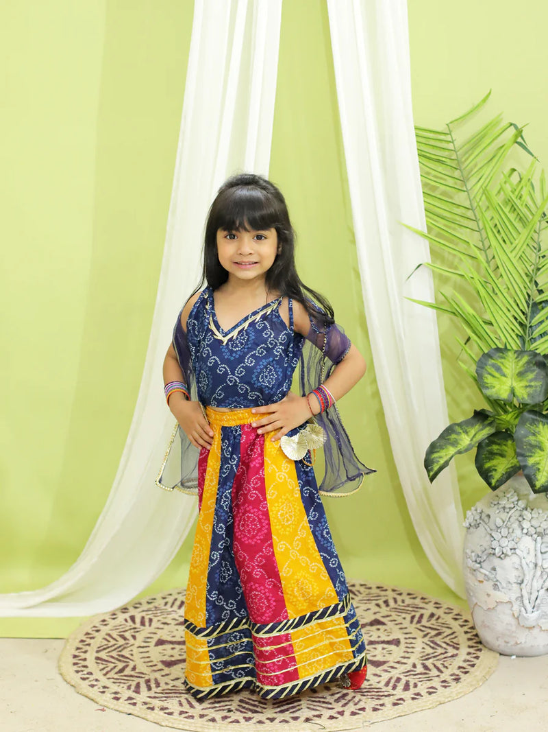 BownBee Bandhani Kali Lehenga with Choli and Dupatta for Girls- Blue