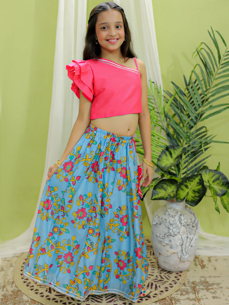 BownBee Chanderi One Shoulder Top with Lehenga with Dupatta - Pink