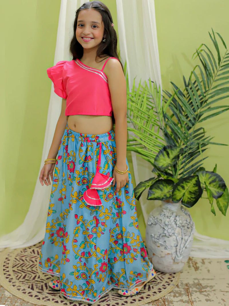 BownBee Chanderi One Shoulder Top with Lehenga with Dupatta - Pink