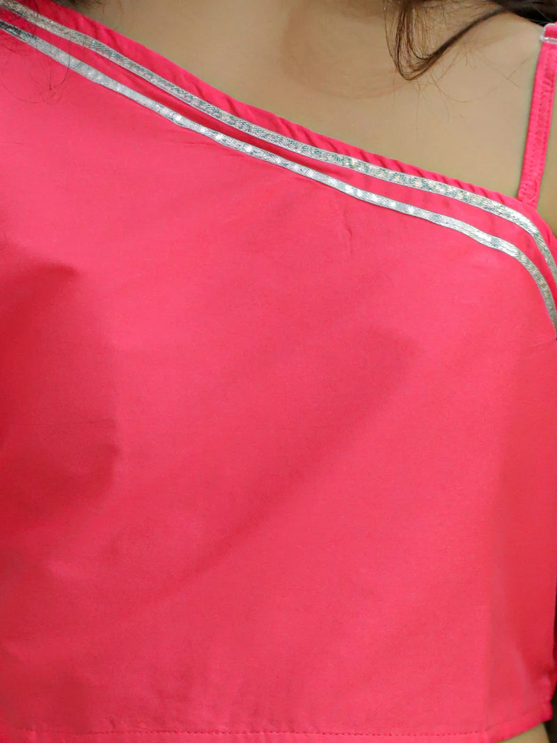 BownBee Chanderi One Shoulder Top with Lehenga with Dupatta - Pink