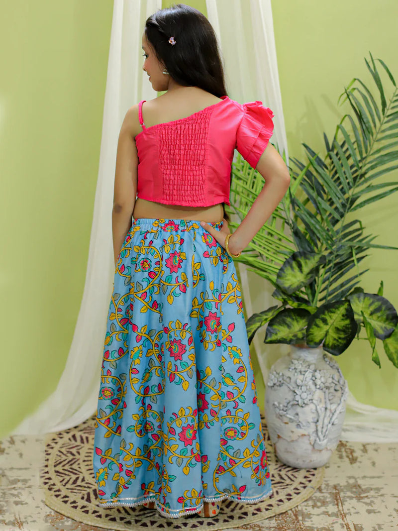 BownBee Chanderi One Shoulder Top with Lehenga with Dupatta - Pink