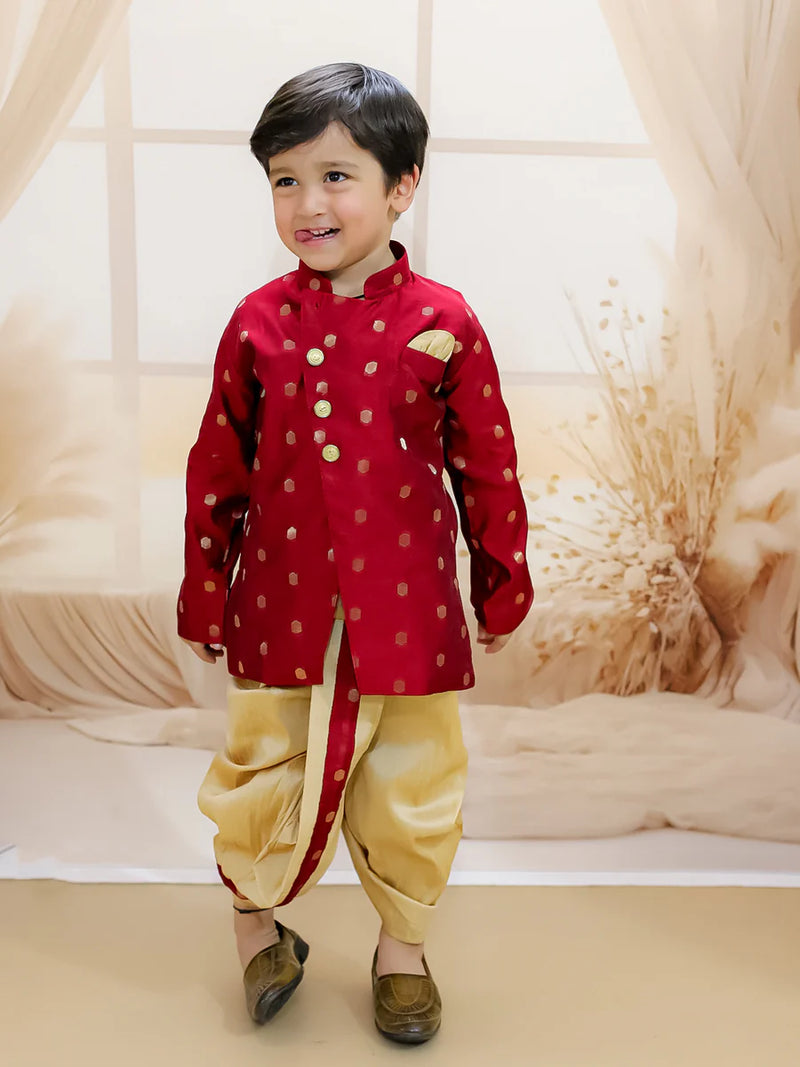 BownBee Pure Chanderi Full Sleeve Sherwani Dhoti for Boys- Maroon