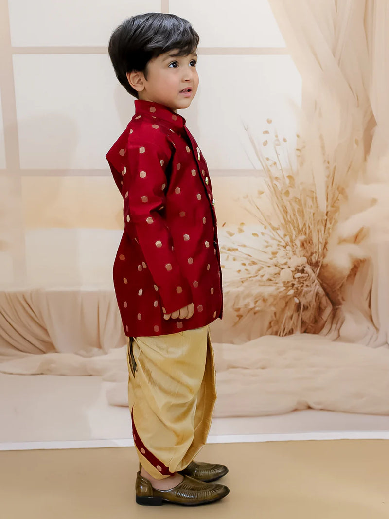 BownBee Pure Chanderi Full Sleeve Sherwani Dhoti for Boys- Maroon