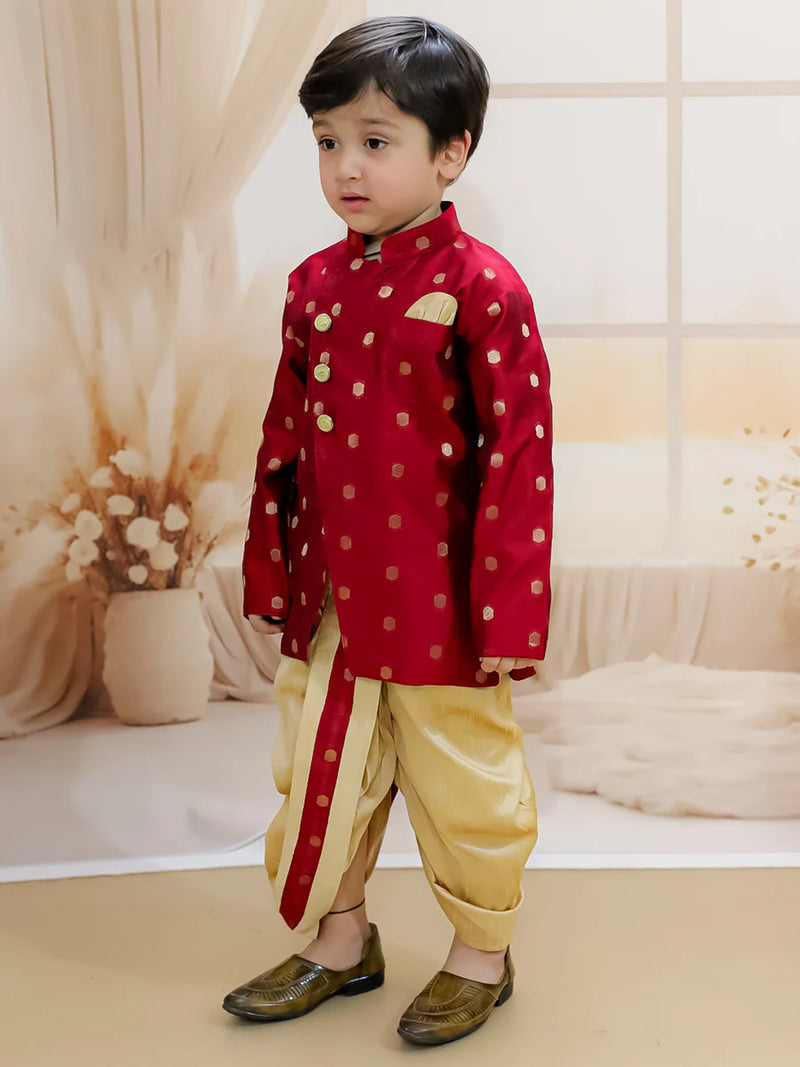 BownBee Pure Chanderi Full Sleeve Sherwani Dhoti for Boys- Maroon