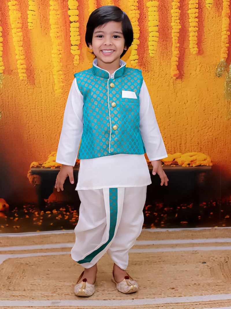 BownBee Full Sleeve Dhoti Kurta with Jacquard Jacket Set for Boys- Green