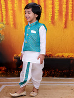 BownBee Full Sleeve Dhoti Kurta with Jacquard Jacket Set for Boys- Green