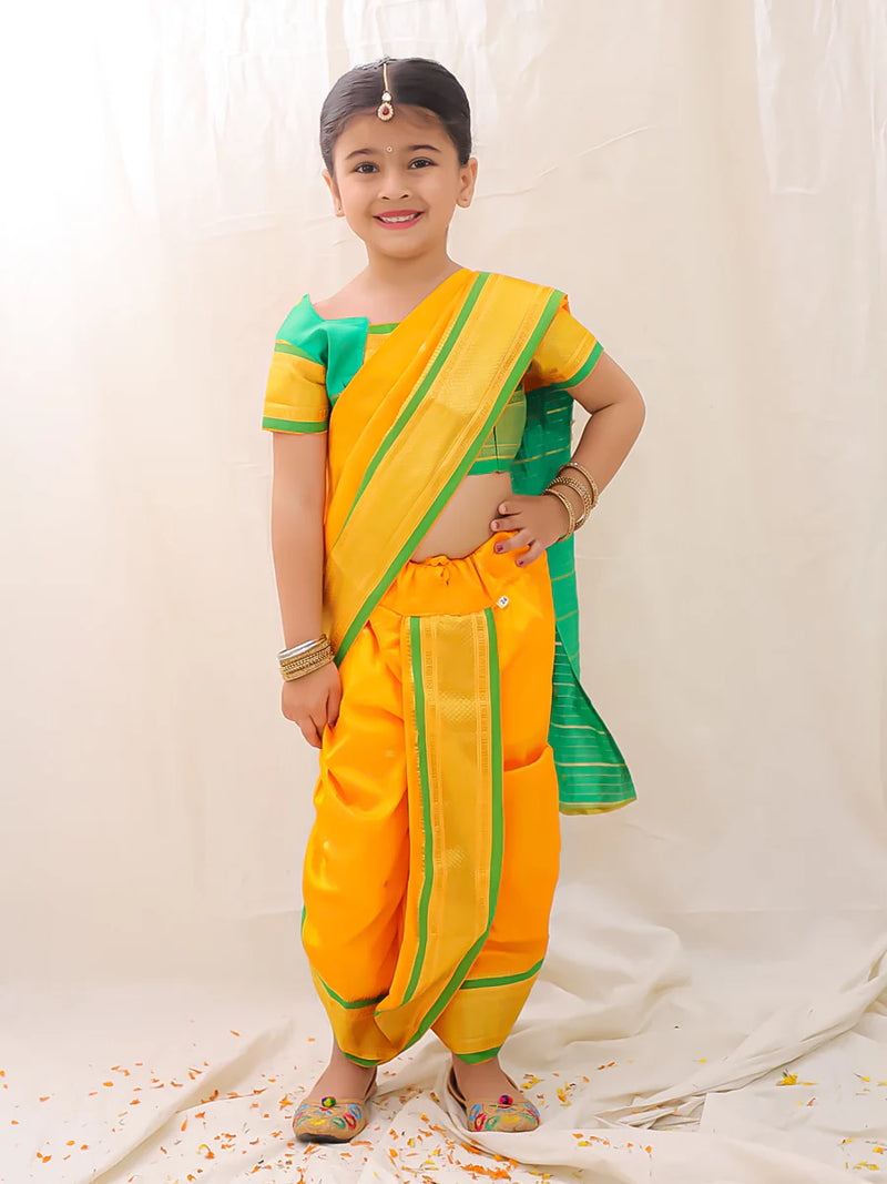 BownBee Ethnic Woven Design Ready To Wear Nauvari Saree For Girls - Yellow