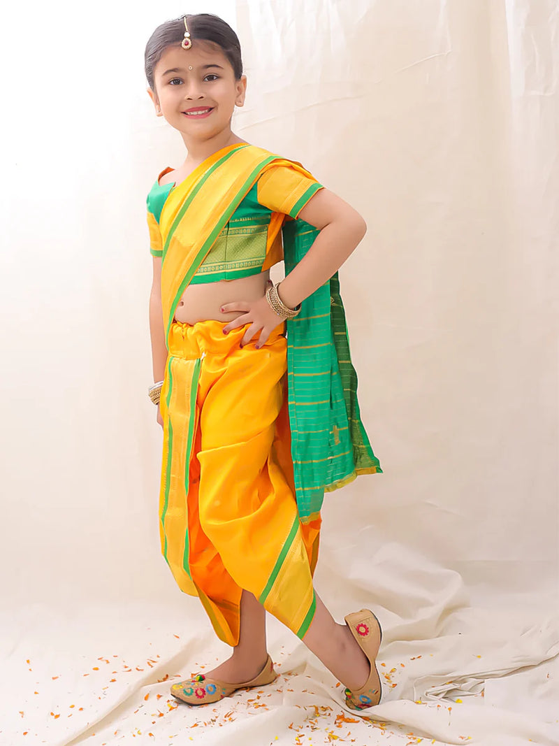 BownBee Ethnic Woven Design Ready To Wear Nauvari Saree For Girls - Yellow
