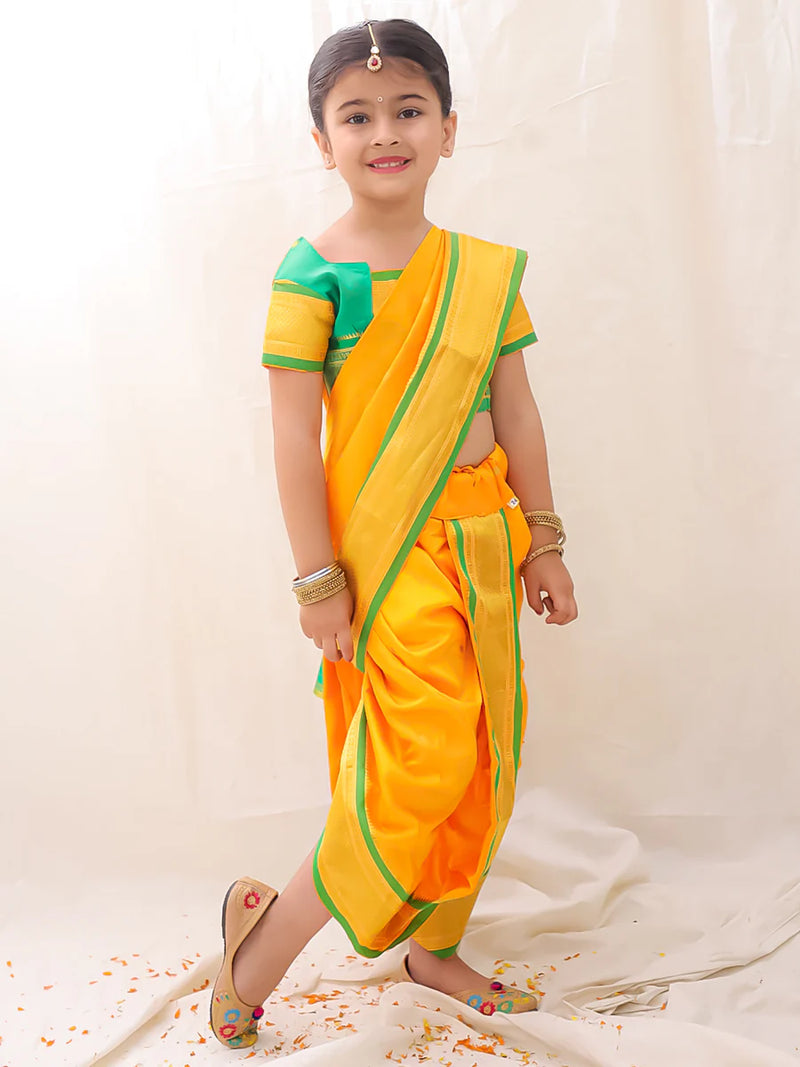 BownBee Ethnic Woven Design Ready To Wear Nauvari Saree For Girls - Yellow