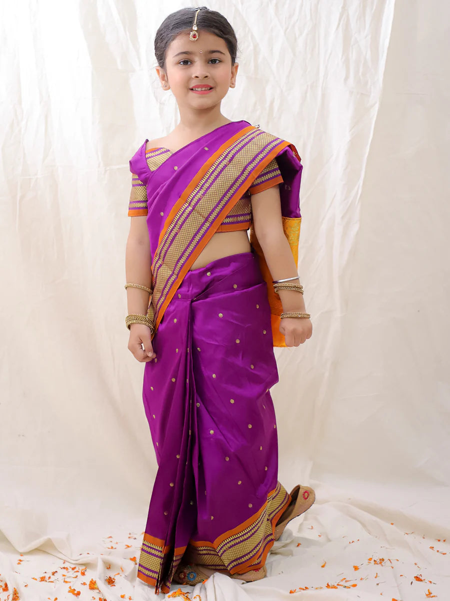 BownBee Ethnic Woven Design Ready To Wear Nauvari Saree For Girls - Purple