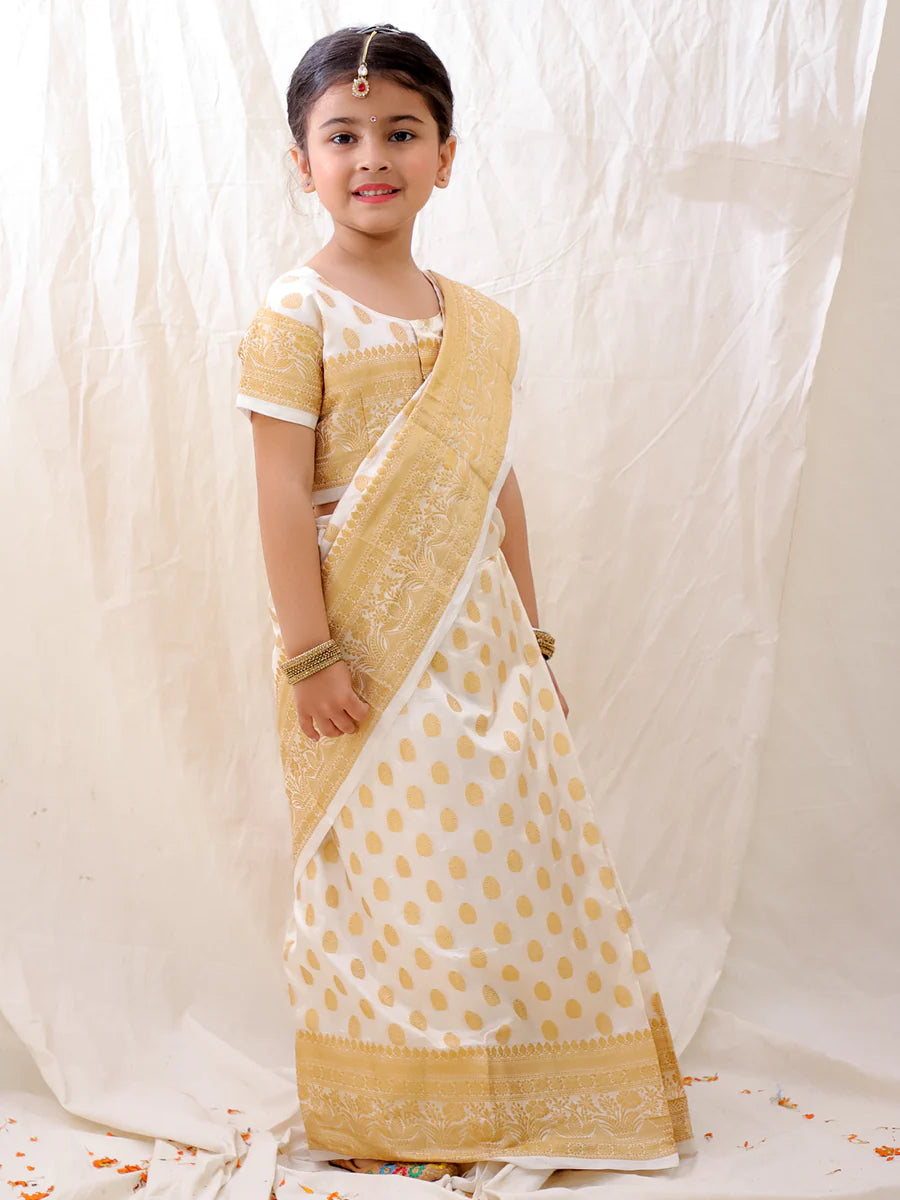 BownBee Ethnic Woven Design Ready To Wear Nauvari Saree For Girls - Off White