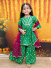 BownBee Bird Print Pure Cotton Kurta with Sharara and Dupatta for Girls- Green
