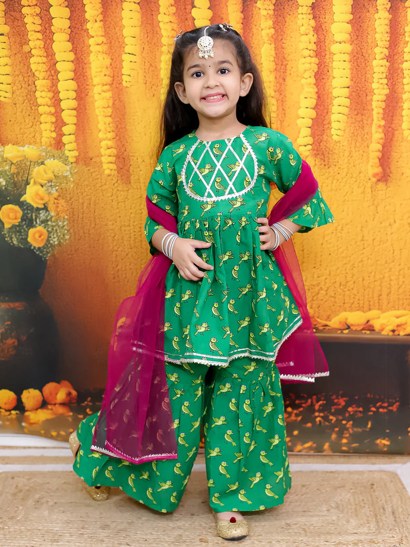 BownBee Bird Print Pure Cotton Kurta with Sharara and Dupatta for Girls- Green