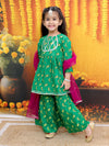 BownBee Bird Print Pure Cotton Kurta with Sharara and Dupatta for Girls- Green