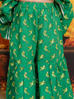 BownBee Bird Print Pure Cotton Kurta with Sharara and Dupatta for Girls- Green