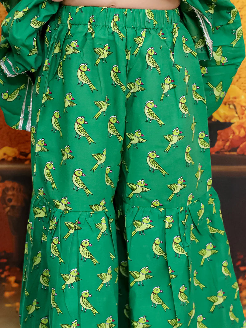BownBee Bird Print Pure Cotton Kurta with Sharara and Dupatta for Girls- Green