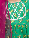 BownBee Bird Print Pure Cotton Kurta with Sharara and Dupatta for Girls- Green
