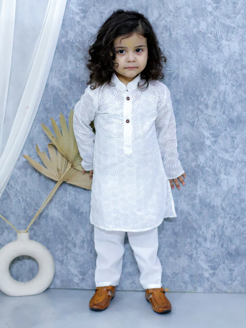 BownBee Chikan Full Sleeve Cotton Kurta with Pajama for Boys- White