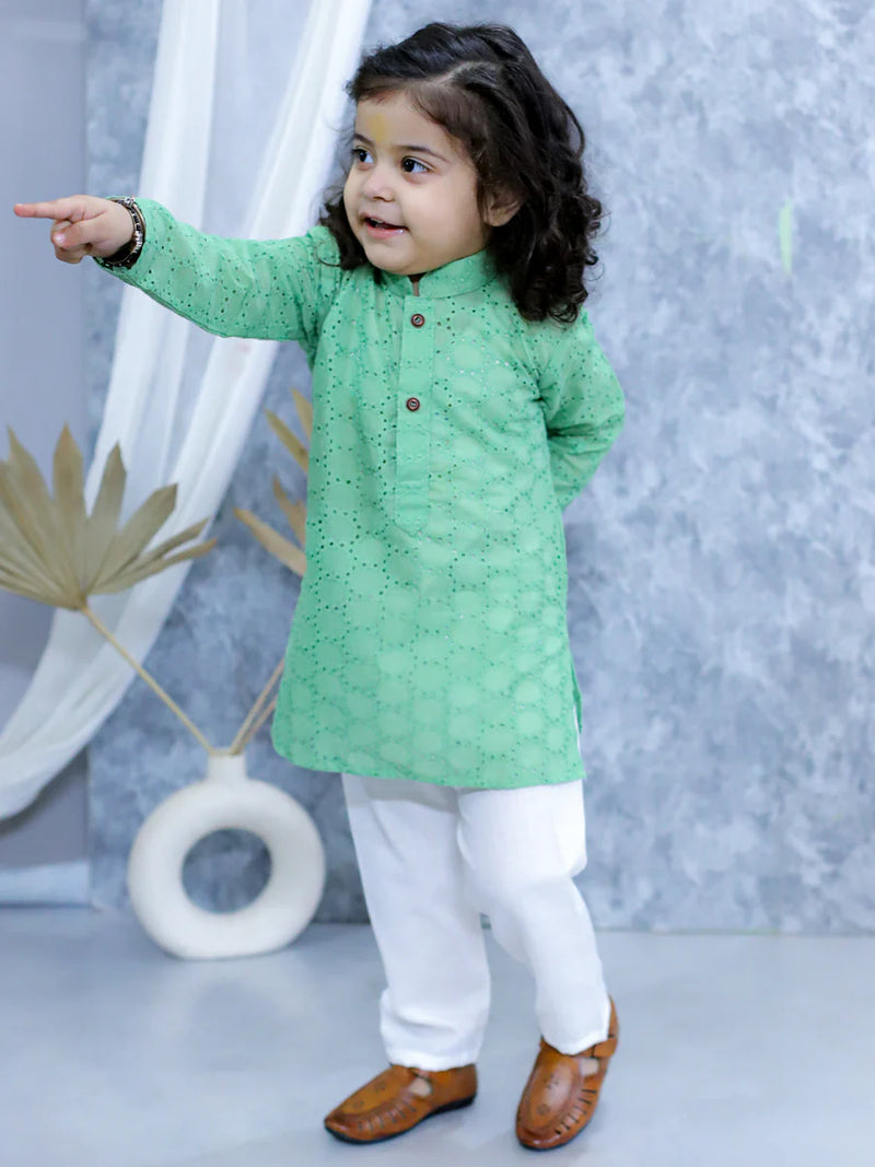 BownBee Chikan Full Sleeve Cotton Kurta with Pajama for Boys- Green