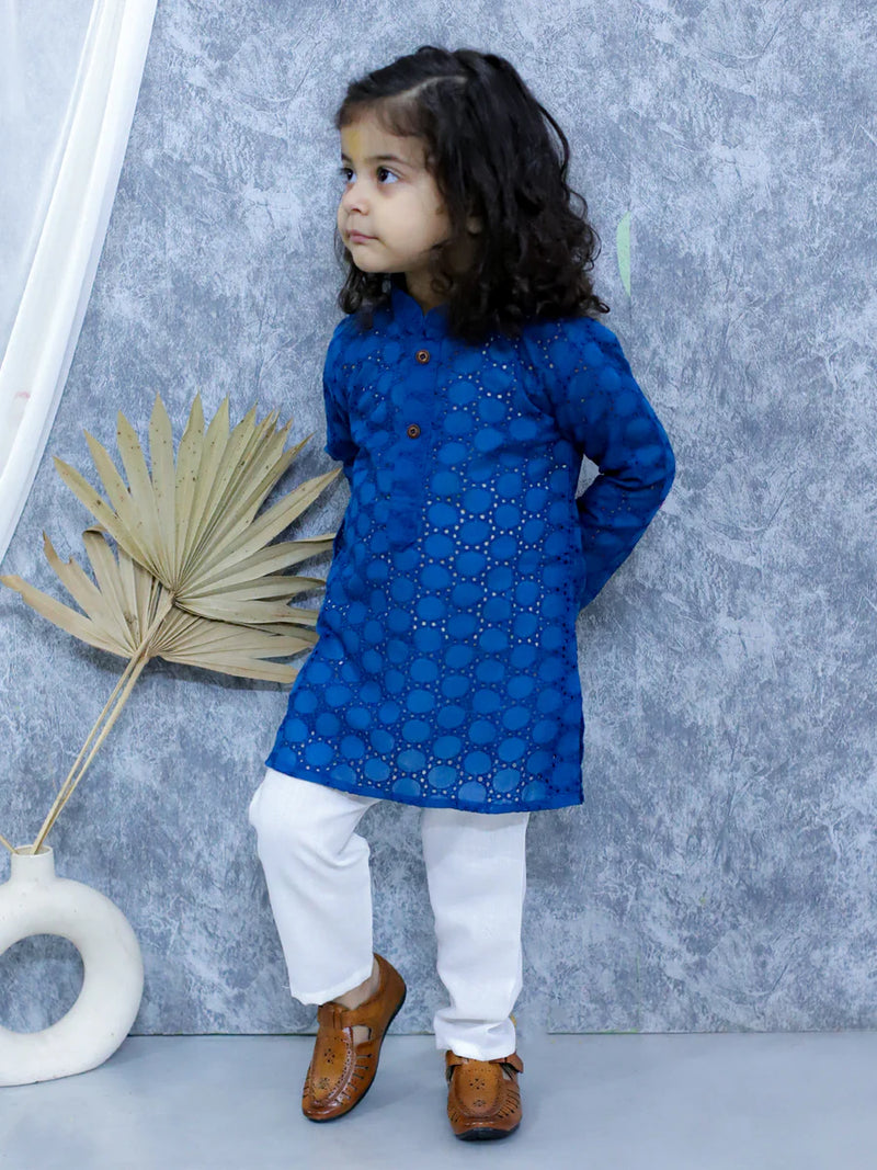 BownBee Chikan Full Sleeve Cotton Kurta with Pajama for Boys - Blue