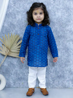 BownBee Chikan Full Sleeve Cotton Kurta with Pajama for Boys - Blue