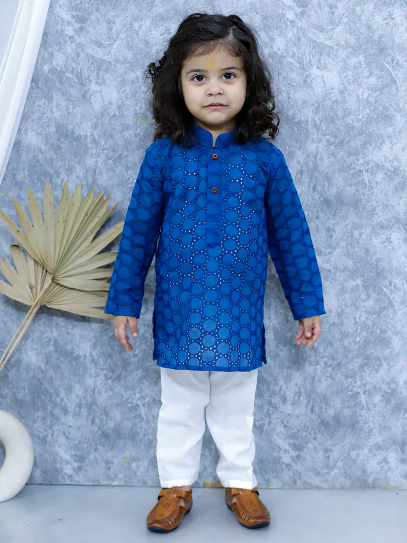 BownBee Chikan Full Sleeve Cotton Kurta with Pajama for Boys - Blue