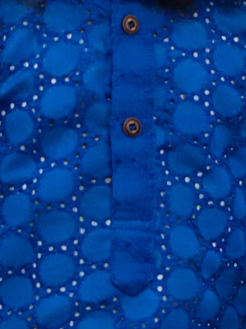 BownBee Chikan Full Sleeve Cotton Kurta with Pajama for Boys - Blue