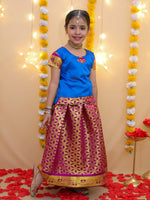 BownBee Half Sleeve South Indian Pavda Pattu Lehenga For Girls - Blue