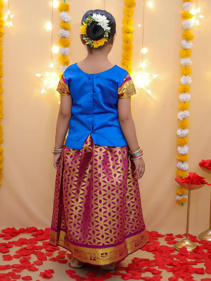 BownBee Half Sleeve South Indian Pavda Pattu Lehenga For Girls - Blue
