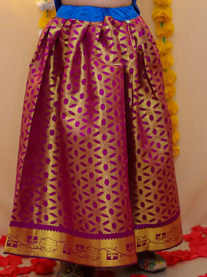 BownBee Half Sleeve South Indian Pavda Pattu Lehenga For Girls - Blue