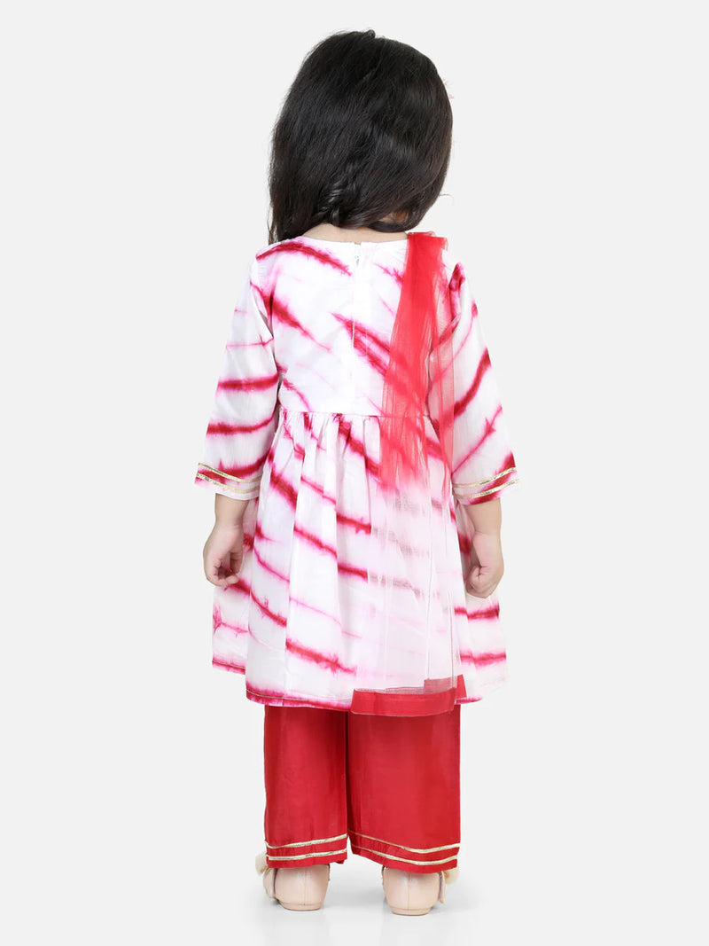 BownBee Hand Dyed Chanderi Silk Kurti Pant with Dupatta for Girls - Red