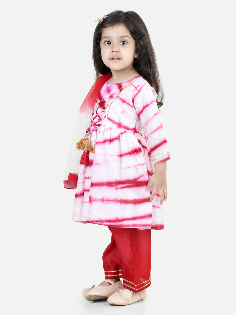 BownBee Hand Dyed Chanderi Silk Kurti Pant with Dupatta for Girls - Red