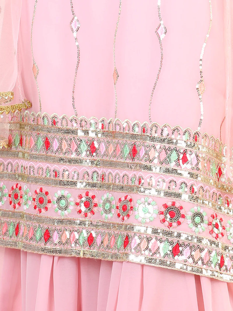 BownBee Sleeveless Floral Embroidered Lace Detailed Kurta Sharara With Dupatta - Pink