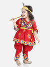 BownBee Embroidered Dhoti Top Janmashtami Dress with Mukut, Bansuri and Patka -Red