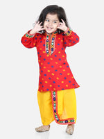 BownBee Full Sleeves Embroidered Placket & Trim Detailing Bandhani Kurta & Dhoti Set - Red