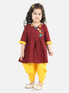 BownBee 100% Cotton Three Fourth Sleeves Patch Work Kurta & Dhoti Set - Maroon