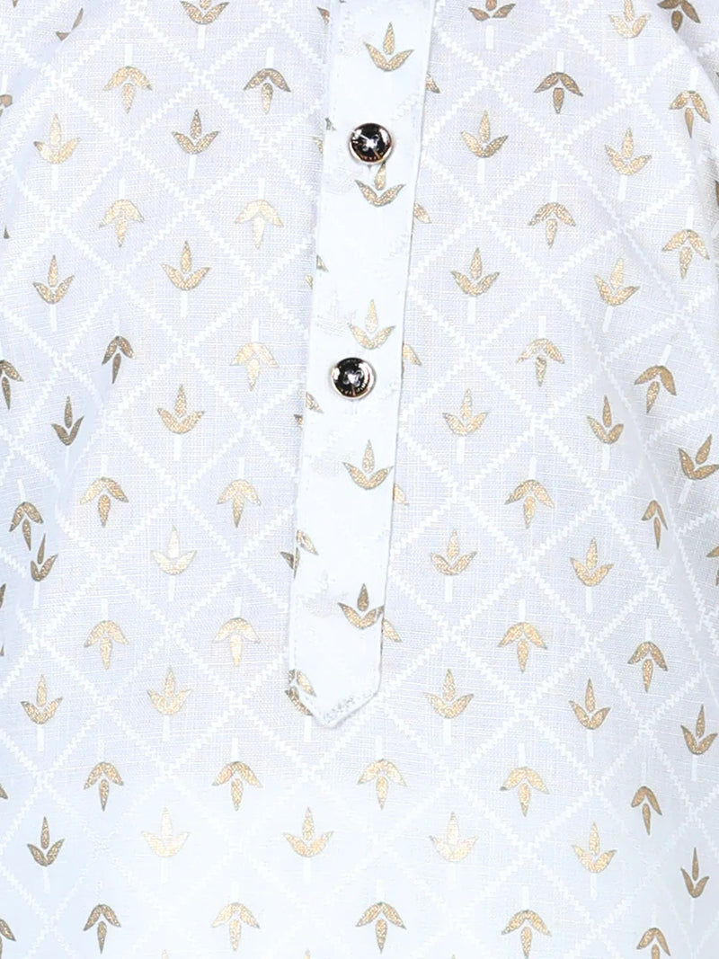 BownBee Full Sleeves Leaves Foil Print Kurta With Pyjama - White